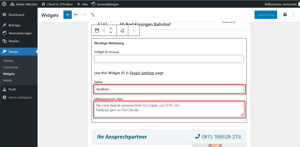 Check-In Widget Wichtige Mitteilung bearbeiten