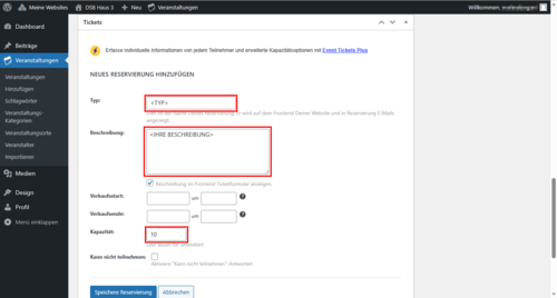 Check-In Reservierung parametrisieren